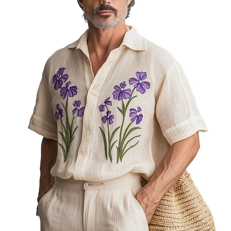 Men's Spring Fashion Retro Embroidered Cotton and Linen Short Sleeve Shirt MTA0906D9P sold by Manly