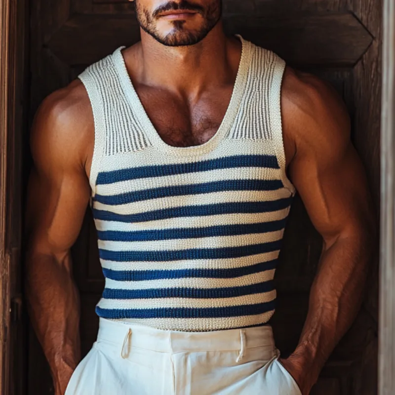 Men's Casual U Neck Navy Striped Slim Fit Knitted Tank Top MTA0898D9M sold by Manly product image thumbnail 2