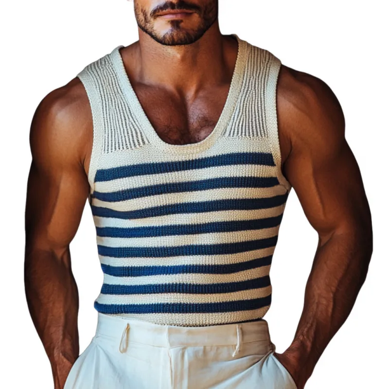 Men's Casual U Neck Navy Striped Slim Fit Knitted Tank Top MTA0898D9M sold by Manly