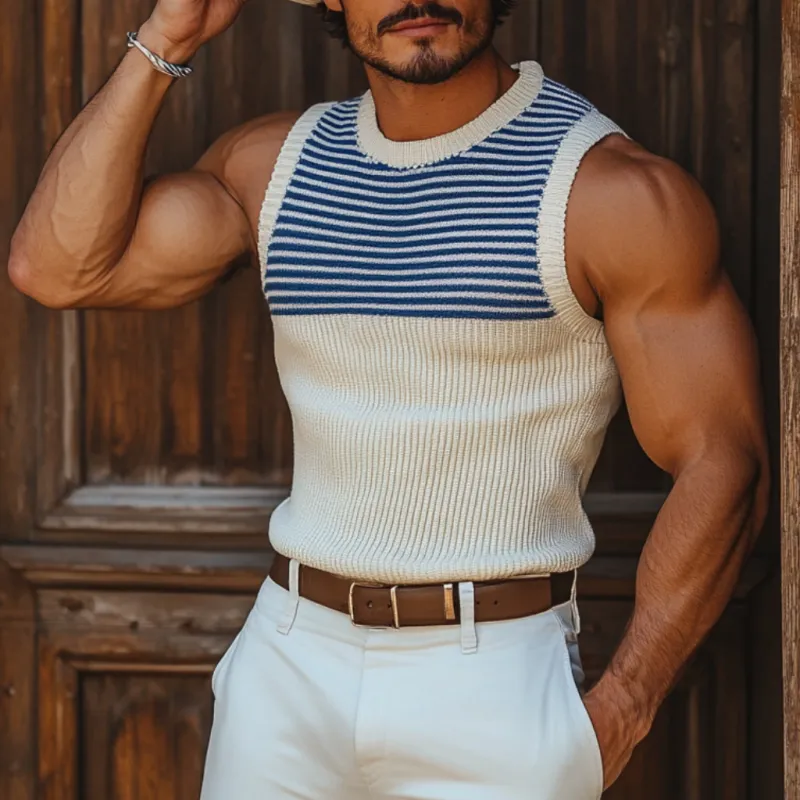 Men's Casual Round Neck Navy Striped Slim Fit Knitted Tank Top MTA0817D6M sold by Manly product image thumbnail 2