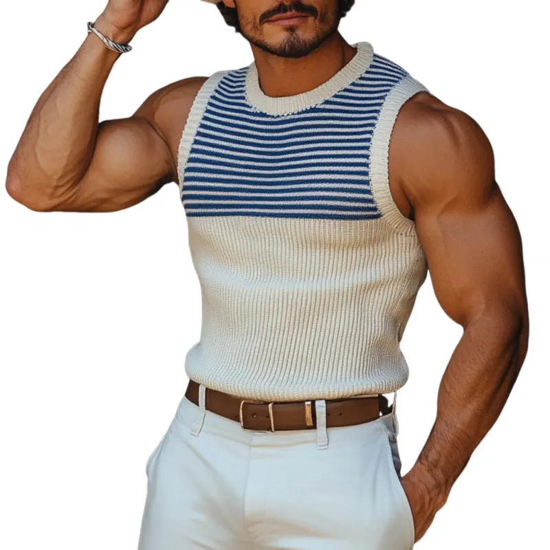 Men's Casual Round Neck Navy Striped Slim Fit Knitted Tank Top MTA0817D6M sold by Manly