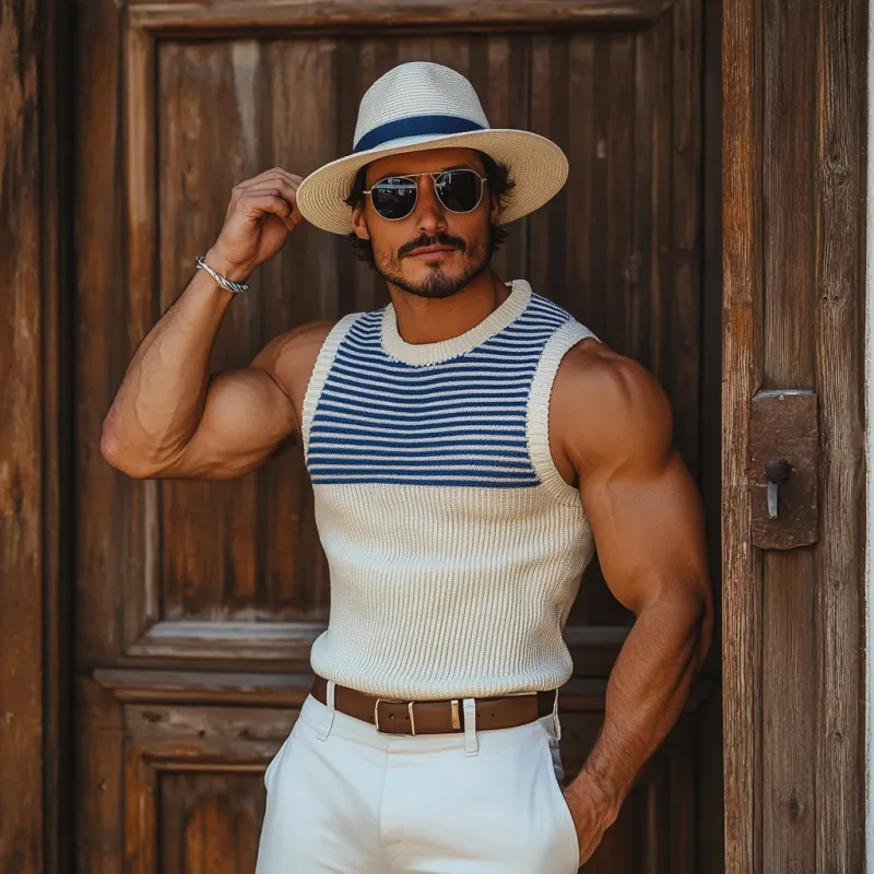 Men's Casual Round Neck Navy Striped Slim Fit Knitted Tank Top MTA0817D6M sold by Manly product image thumbnail 3