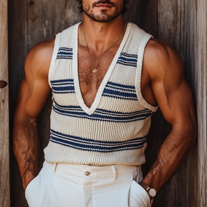 Men's Casual Deep V Neck Striped Knitted Vacation Tank Top MTA0843D7M sold by Manly product image thumbnail 2
