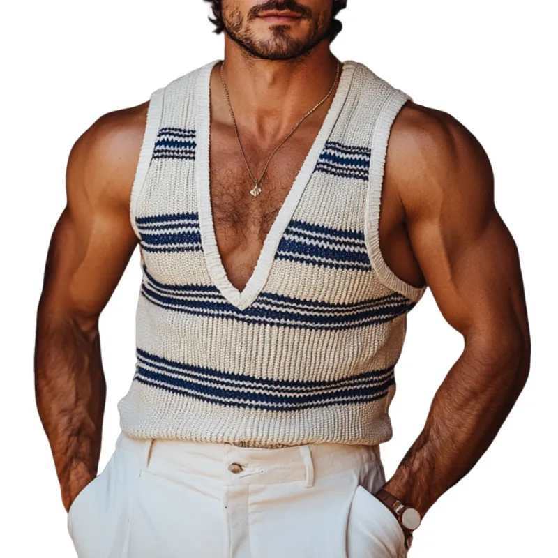 Men's Casual Deep V Neck Striped Knitted Vacation Tank Top MTA0843D7M sold by Manly