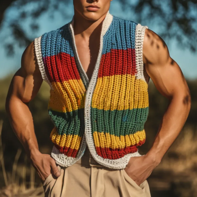 Men's Casual V-neck Colorful Striped Single-breasted Knitted Vacation Vest MTA0817D0M sold by Manly product image thumbnail 2
