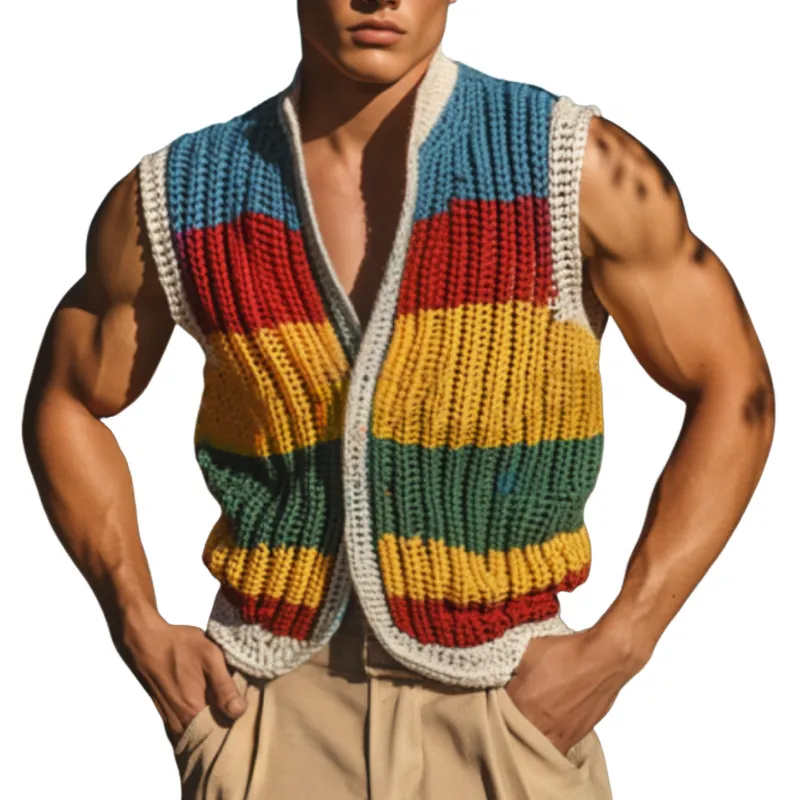 Men's Casual V-neck Colorful Striped Single-breasted Knitted Vacation Vest MTA0817D0M sold by Manly