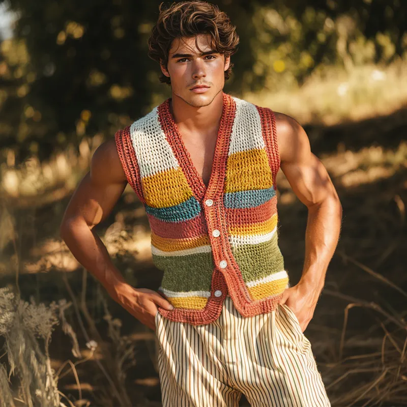 Men's Casual V-neck Colorful Striped Single-breasted Knitted Vest MTA0807D2M sold by Manly product image thumbnail 3