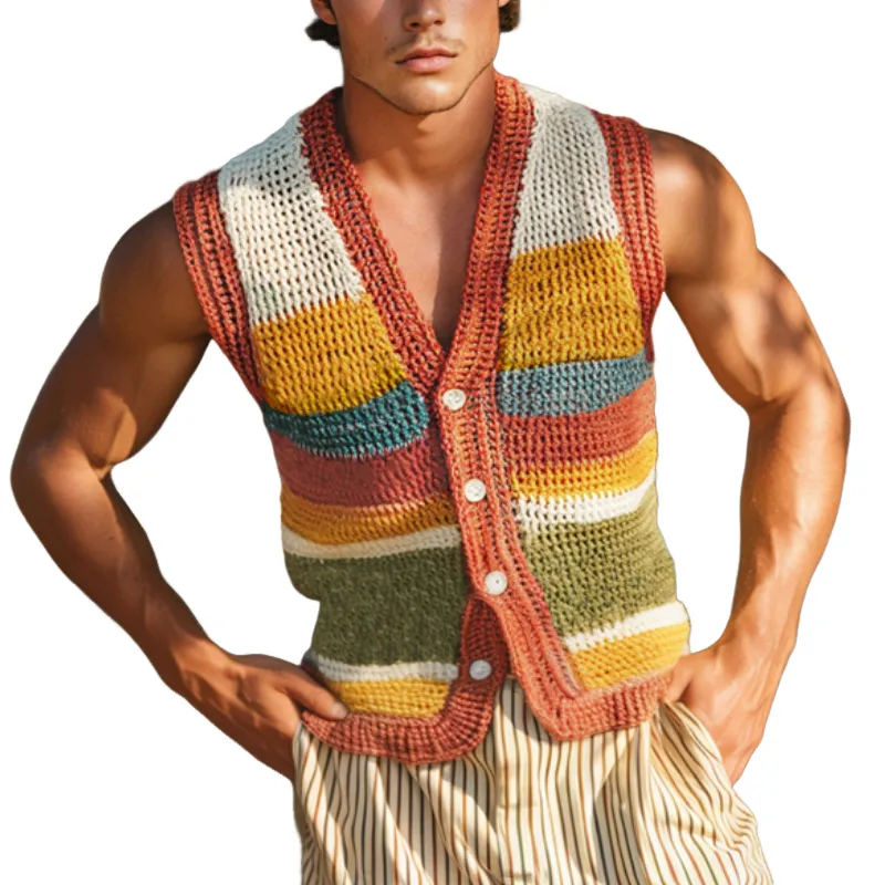 Men's Casual V-neck Colorful Striped Single-breasted Knitted Vest MTA0807D2M sold by Manly