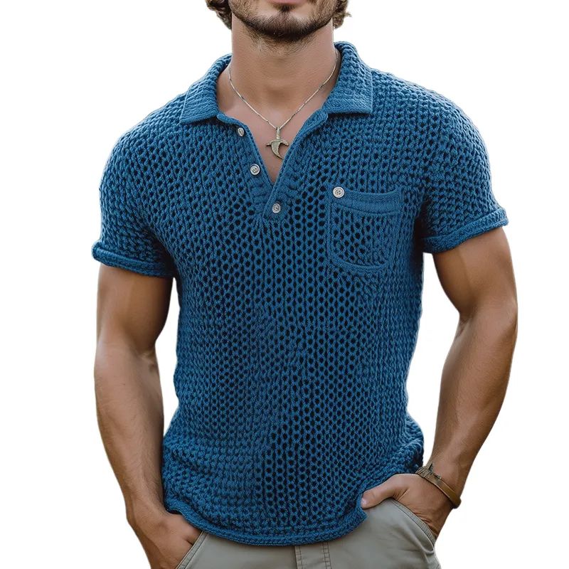 Men's Retro Solid Color Knitted Pocket Short-Sleeved Polo Shirt MTA0982D1TO sold by Manly