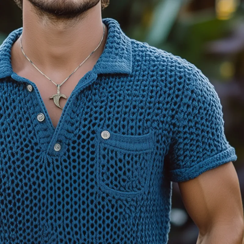 Men's Retro Solid Color Knitted Pocket Short-Sleeved Polo Shirt MTA0982D1TO sold by Manly product image thumbnail 3