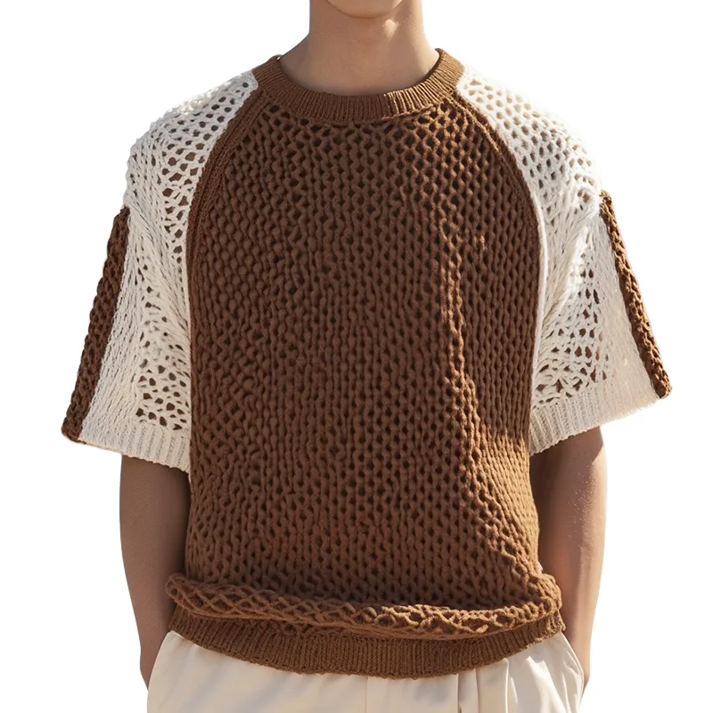 Men's Retro Colorblock Knitted Round Neck Short Sleeve T-Shirt MTA0943D4TO sold by Manly