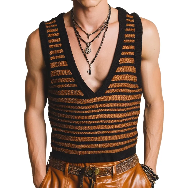 Men's Vintage Striped Knit V-Neck Tank Top MTA0965D2TO sold by Manly