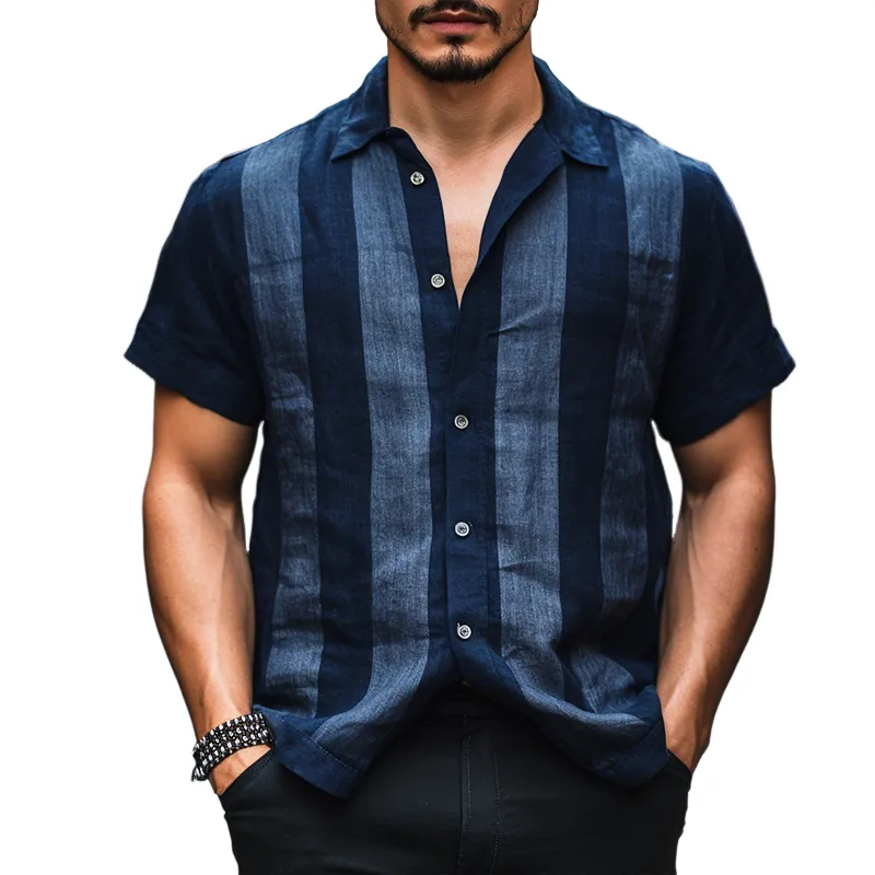 Men's Retro Stripe Print Linen Lapel Short Sleeve Shirt MTA0904D1TO sold by Manly