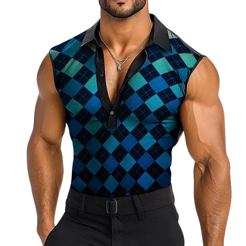 Men's Casual Diamond Mesh Print Lapel Tank Top MTA0974D1TO sold by Manly