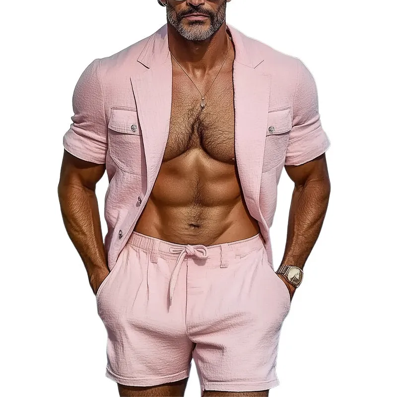 Men's Summer Fashion Ice Silk Wrinkled Short Sleeve Shorts Set MTA1039D4U sold by Manly