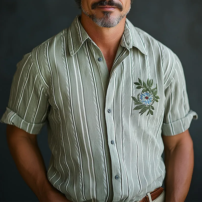 Men's Spring Retro Embroidered Striped Casual Short Sleeve Shirt MTA1255D1P sold by Manly product image thumbnail 2