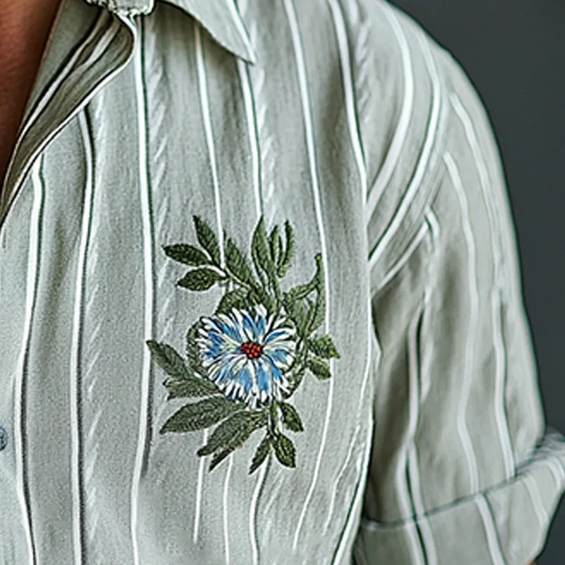 Men's Spring Retro Embroidered Striped Casual Short Sleeve Shirt MTA1255D1P sold by Manly product image thumbnail 3