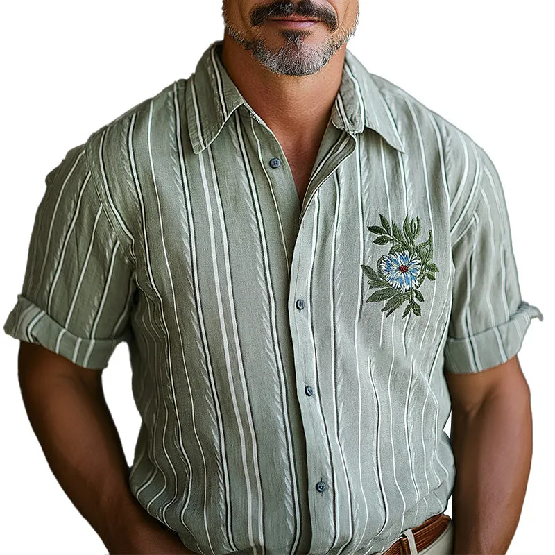 Men's Spring Retro Embroidered Striped Casual Short Sleeve Shirt MTA1255D1P sold by Manly