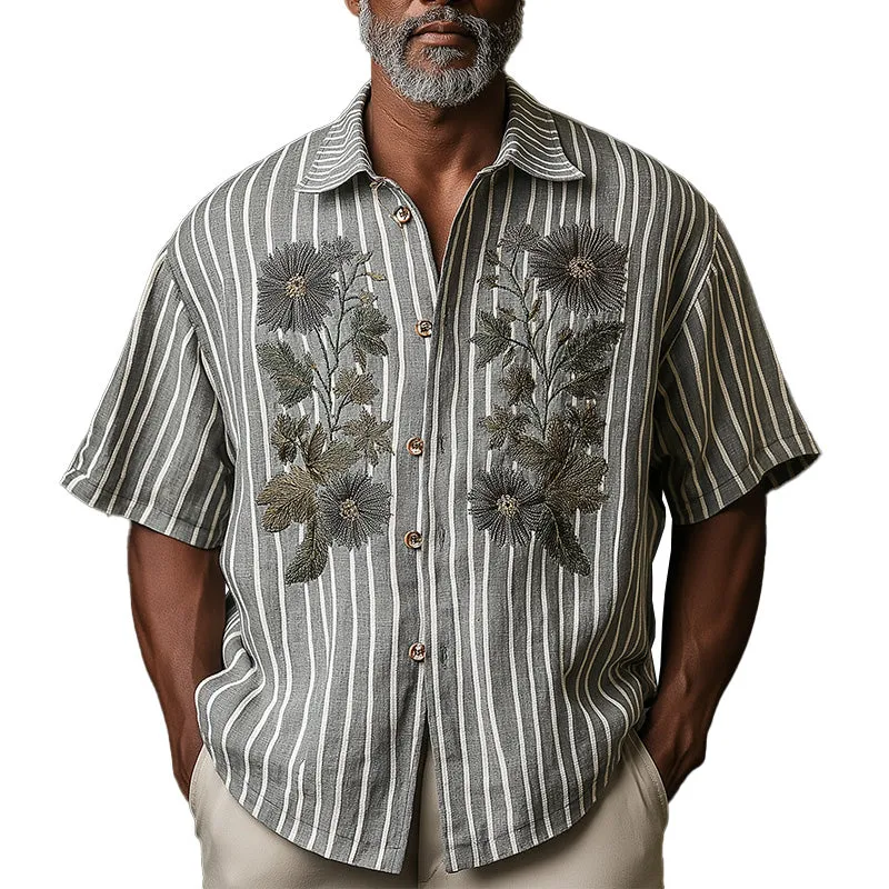 Men's Spring Retro Embroidered Striped Casual Short Sleeve Shirt MTA1241D5P sold by Manly