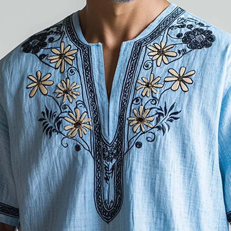 Men's spring fashion simple retro ethnic style embroidered short-sleeved shirt MTA1201D1P sold by Manly product image thumbnail 3