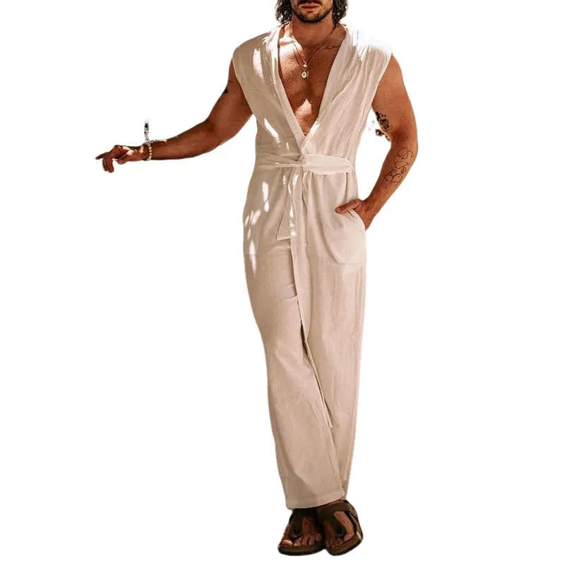 Men's Summer Fashion Casual Vacation Style Tank Top Cotton and Linen Jumpsuit (With Belt) MTA1261D3K sold by Manly