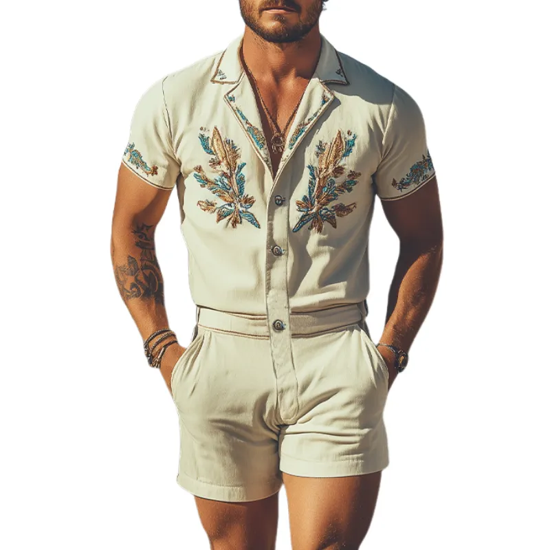 Men's Summer Fashion Casual Western Style Embroidered Cotton and Linen Jumpsuit MTA1243D5K sold by Manly