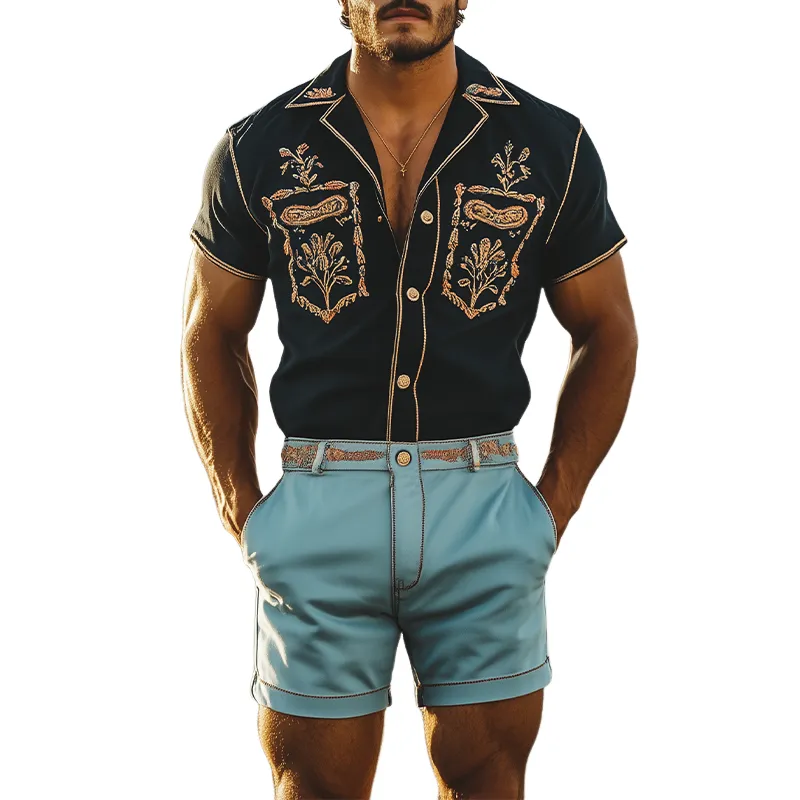 Men's Summer Fashion Casual Western Style Embroidery Colorblock Satin Jumpsuit MTA1243D2K sold by Manly