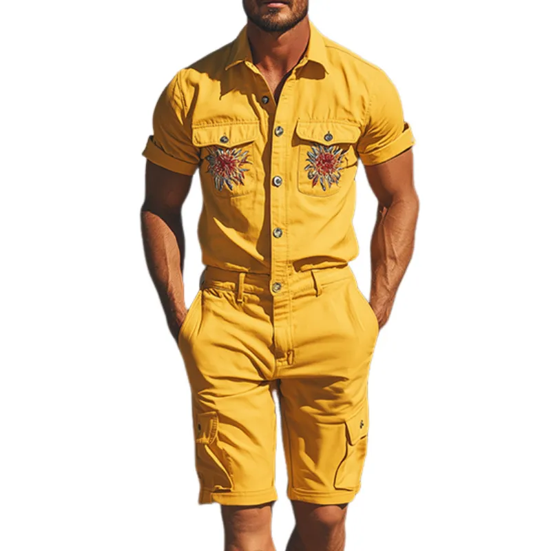 Men's Summer Fashion Casual Western Style Embroidered Twill Cotton Workwear Jumpsuit MTA1266D5K sold by Manly