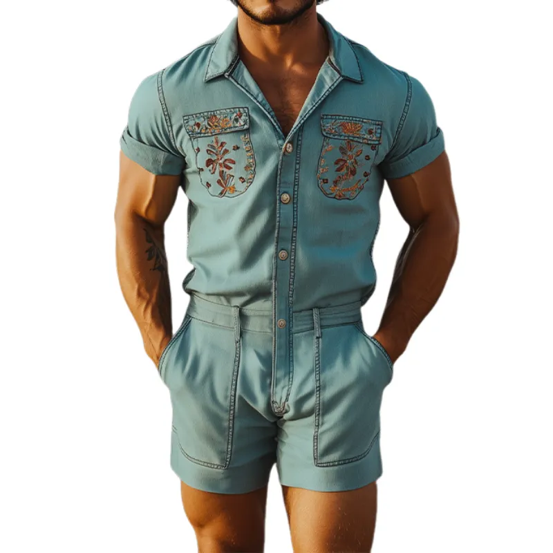 Men's Summer Fashion Casual Western Style Embroidered Tencel Denim Jumpsuit MTA1299D8K sold by Manly