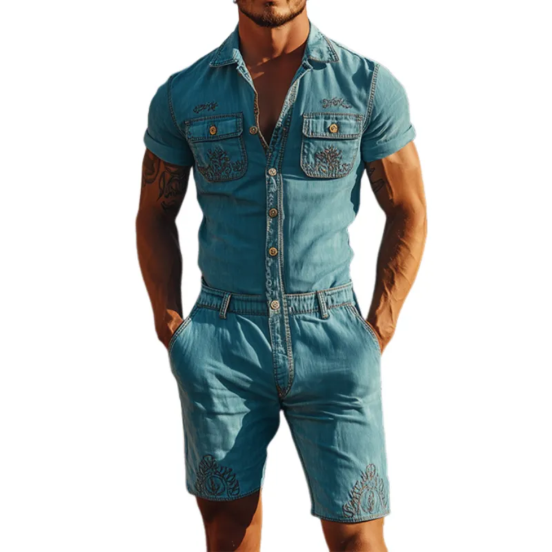 Men's Summer Fashion Casual Western Style Embroidered Tencel Denim Multi-Pocket Jumpsuit MTA1226D3K sold by Manly