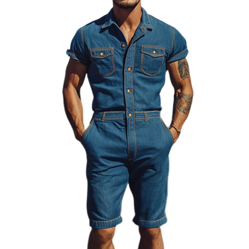 Men's Summer Fashion Casual Classic Western Tencel Denim Multi-Pocket Jumpsuit MTA1227D8K sold by Manly