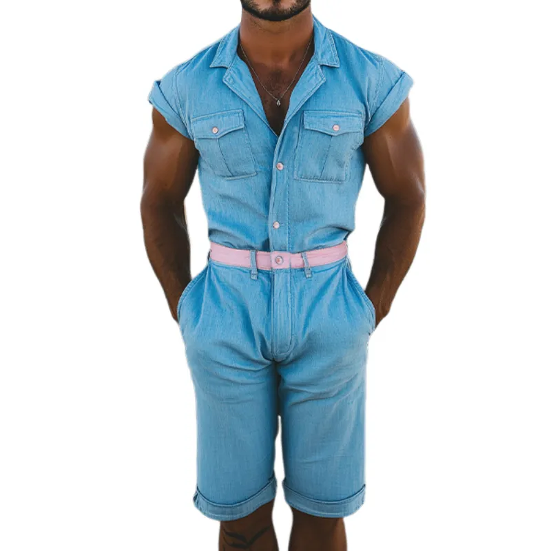 Men's Summer Fashion Casual Classic Multi-Pocket Splicing Tencel Denim Jumpsuit MTA1128D4K sold by Manly