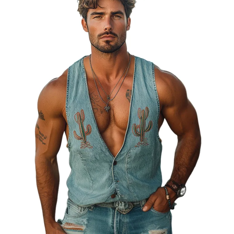 Men's Retro Fun Embroidered V-Neck Thin Denim Vest MTA1167D7X sold by Manly