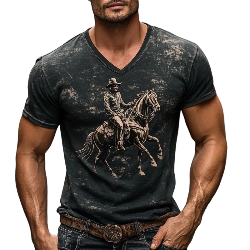 Men's Vintage Western Boys Print V-Neck Short Sleeve T-Shirt MTA1117D5X sold by Manly