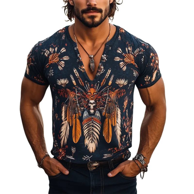 Men's Vintage Aboriginal Print V-Neck Short Sleeve T-Shirt MTA1183D4X made by Manly