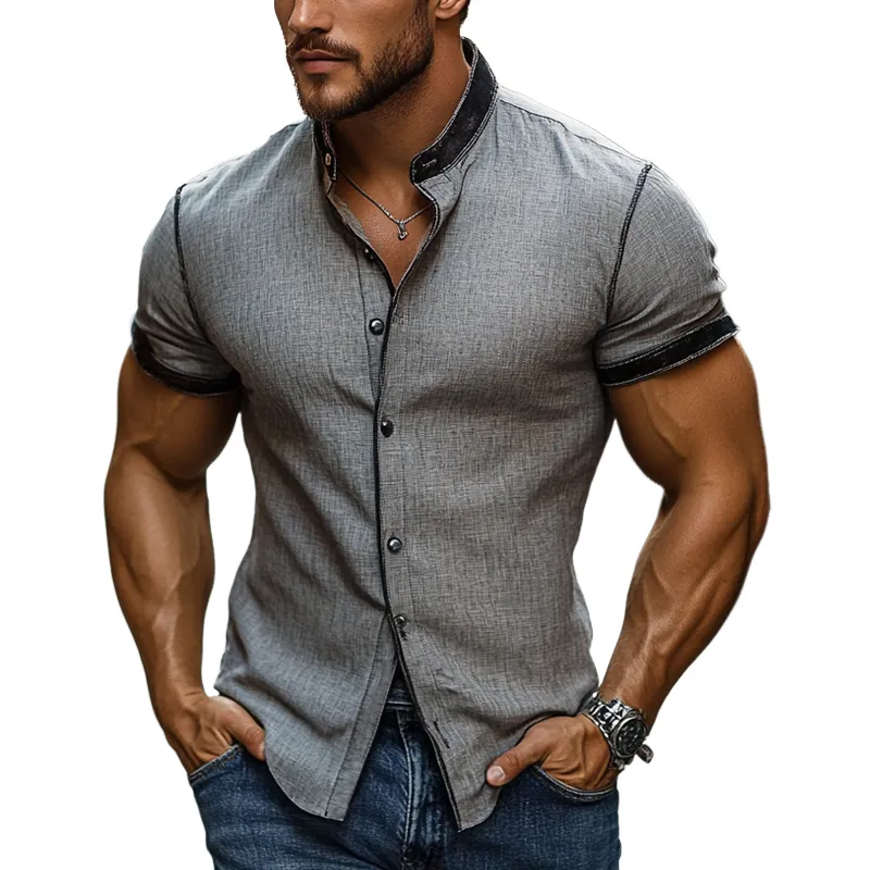 Men's Casual Cotton And Linen Stand Collar Short-Sleeved Shirt MTA1135D4X sold by Manly
