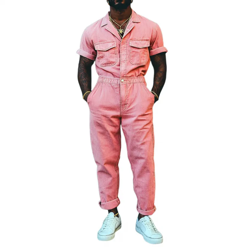 Men's Casual Denim Washed Lapel Chest Pocket Short Sleeve Slim Jumpsuit MTA1175D3M sold by Manly