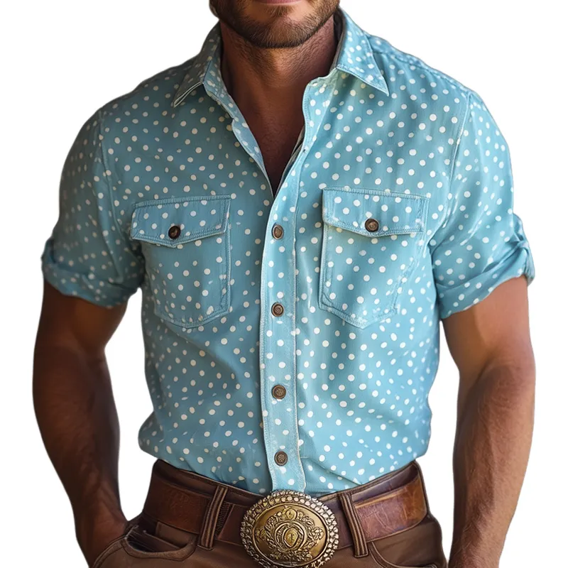 Men's Western-style Polka Dot Lapel Short Sleeve Chest Pocket Shirt MTA1269D8Z sold by Manly