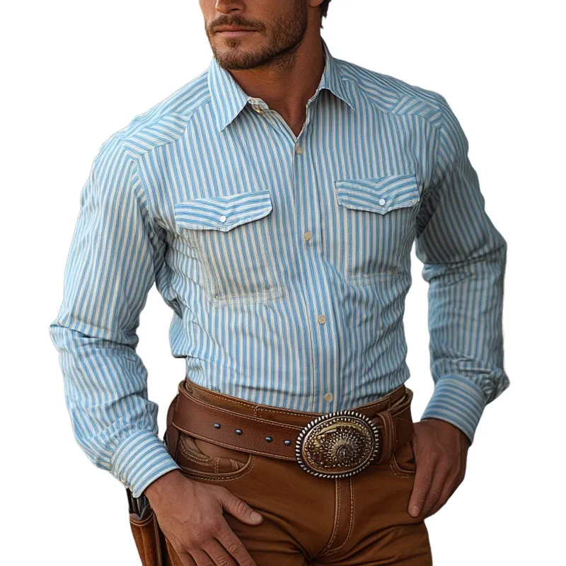 Men's Western-style Striped Lapel Long Sleeve Chest Pocket Shirt MTA1200D4Z sold by Manly