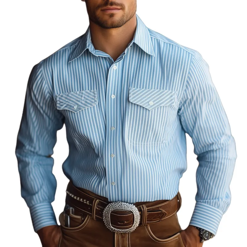 Men's Western-style Striped Lapel Long Sleeve Chest Pocket Shirt MTA1236D2Z sold by Manly