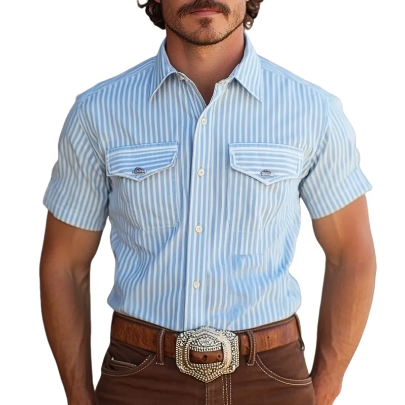 Men's Western-style Striped Lapel Short Sleeve Chest Pocket Shirt MTA1247D5Z sold by Manly