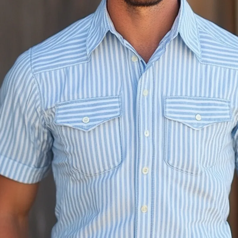 Men's Western-style Striped Lapel Short Sleeve Chest Pocket Shirt MTA1227D4Z sold by Manly product image thumbnail 3