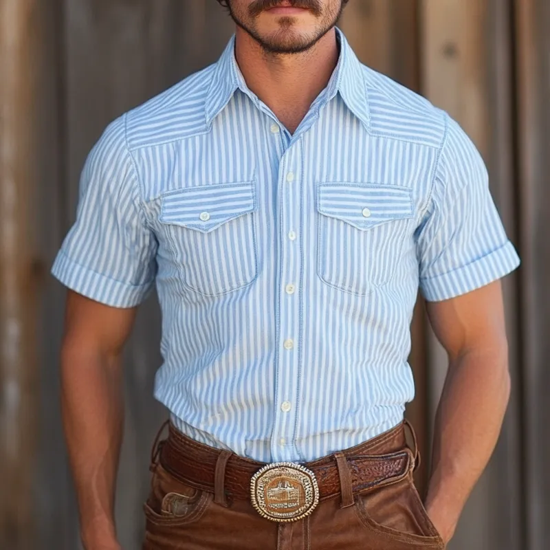 Men's Western-style Striped Lapel Short Sleeve Chest Pocket Shirt MTA1227D4Z sold by Manly product image thumbnail 2