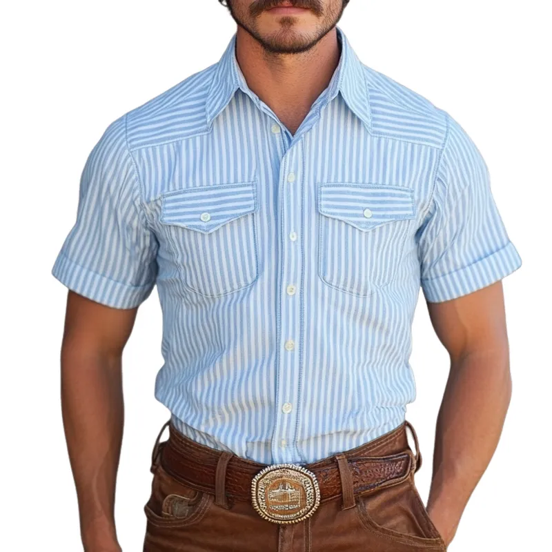 Men's Western-style Striped Lapel Short Sleeve Chest Pocket Shirt MTA1227D4Z sold by Manly