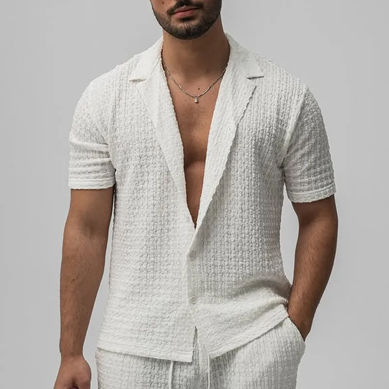 Men's Solid Textured Lapel Short Sleeve Shirt MTA1212D7Z sold by Manly product image thumbnail 2