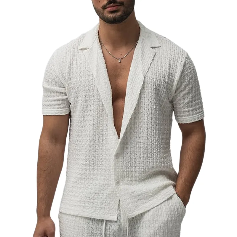 Men's Solid Textured Lapel Short Sleeve Shirt MTA1212D7Z sold by Manly