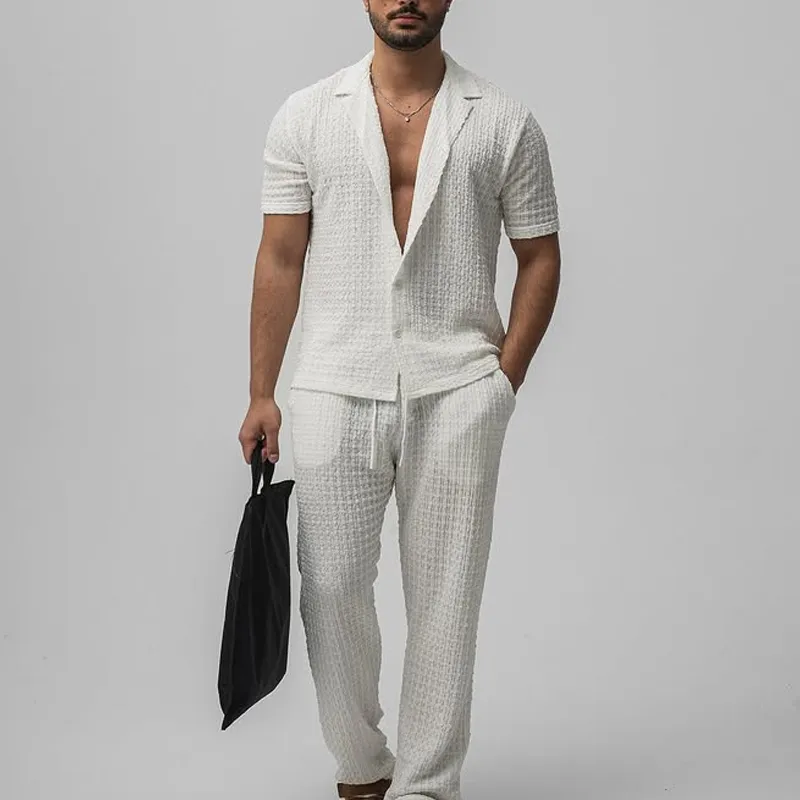 Men's Solid Textured Lapel Short Sleeve Shirt MTA1212D7Z sold by Manly product image thumbnail 4