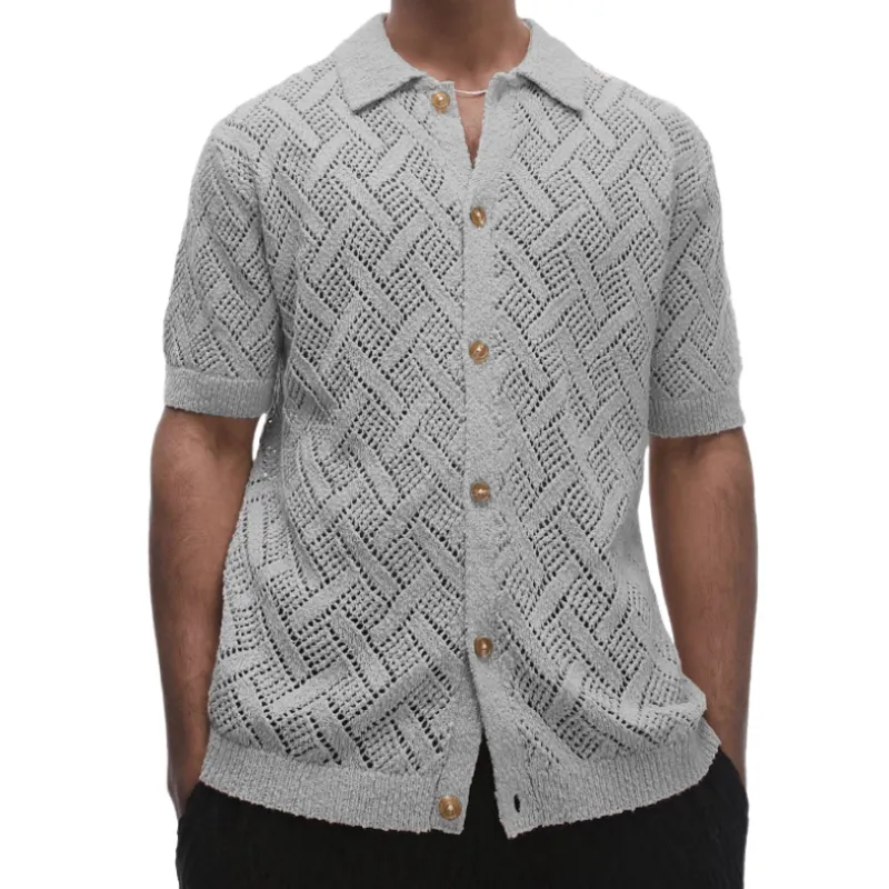 Men's Casual Geometric Jacquard Lapel Slim Fit Short Sleeve Knitted Cardigan MTA1015D3M sold by Manly