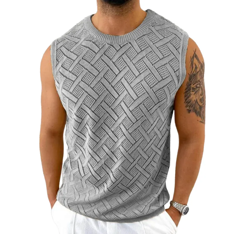 Men's Casual Geometric Jacquard Crew Neck Slim Fit Knitted Tank Top MTA1092D7M sold by Manly