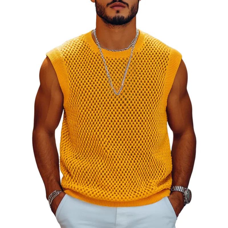 Men's Casual Solid Color Round Neck Loose Breathable Knitted Tank Top MTA0968D8M sold by Manly
